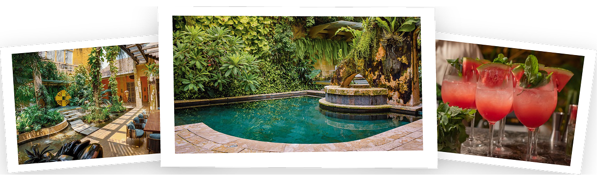 Galería de Casa Santiago Botero en Cartagena con espacios interiores, piscina y bebidas para el evento de Colsof durante ANDICOM