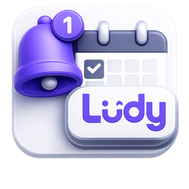 Icono 3D de recordatorio para el Curso Virtual de Reinducción Corporativa Colsof 2026 con calendario, campana de notificación y logotipo de la plataforma Ludy en colores morado y gris, con fondo transparente.