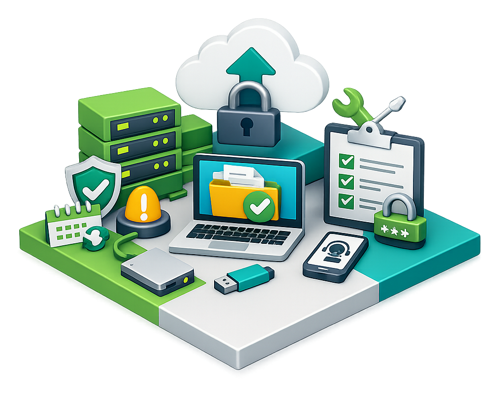 Ilustración isométrica 3D que representa la disponibilidad de la información mediante servidores, respaldo de datos, almacenamiento seguro, acceso autorizado y soporte técnico como pilares de la ciberseguridad.