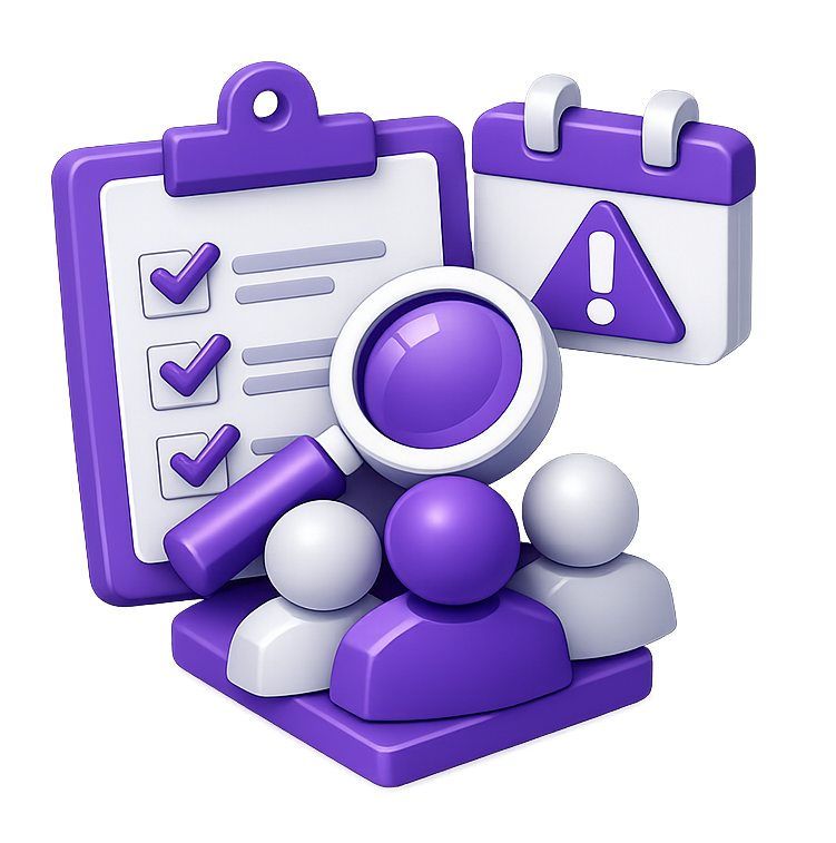Icono 3D isométrico de auditoría interna con portapapeles, lupa, calendario de alerta y equipo de personas en colores morado y gris claro, representando la participación en la Auditoría Interna de COLSOF.