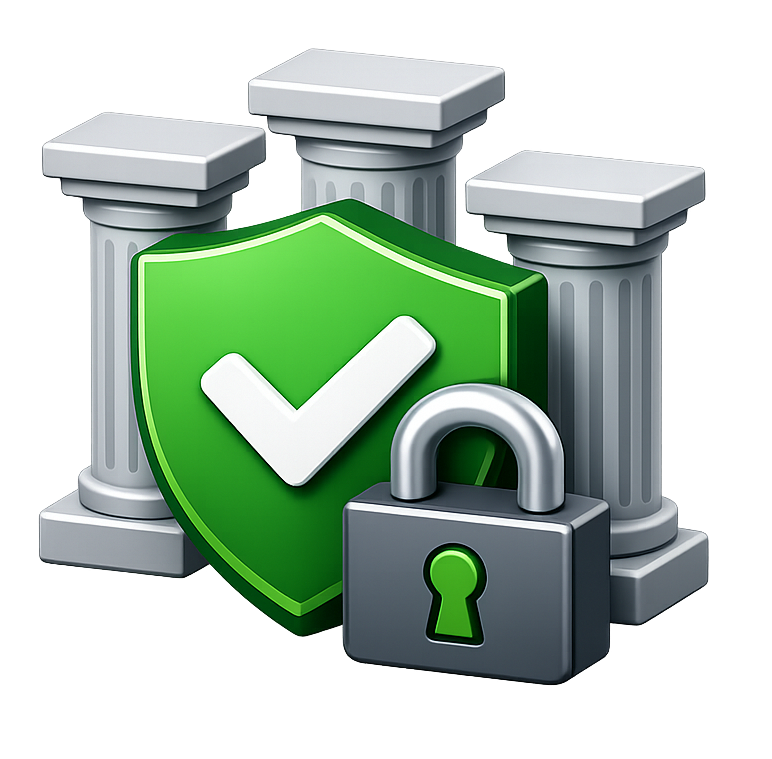Icono 3D de seguridad de la información con un escudo, un candado y tres pilares que representan la confidencialidad, integridad y disponibilidad.