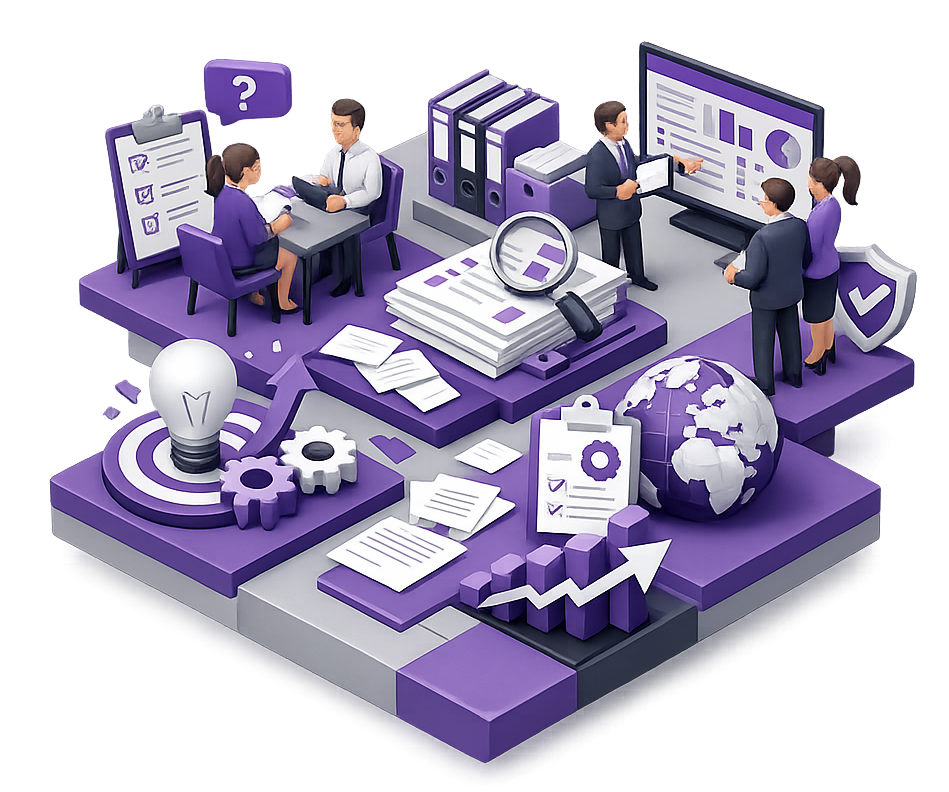 Ilustración isométrica 3D de una auditoría de TI con colaboradores participando en entrevistas, revisión de documentos, auditoría de procesos e identificación de oportunidades de mejora, en tonos morado y gris.