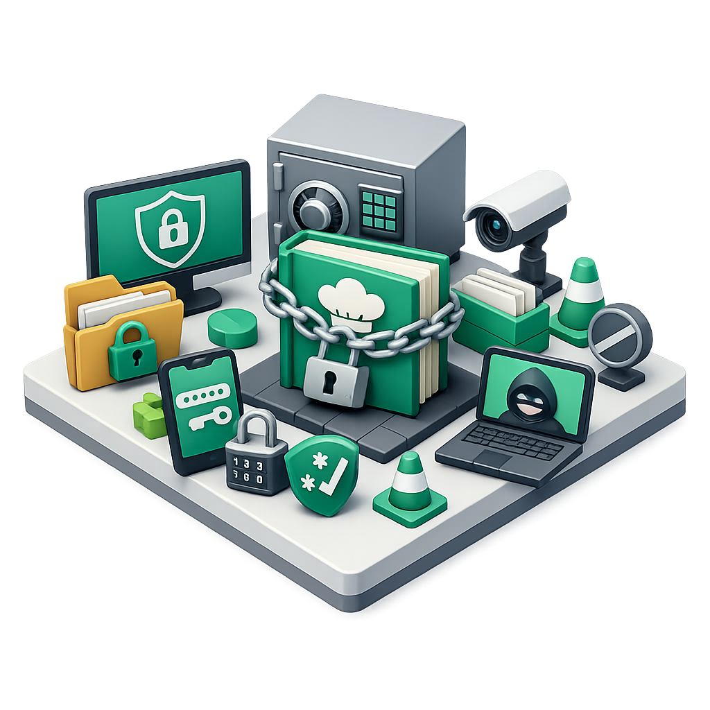 Render isométrico 3D que representa la confidencialidad de la información mediante un libro protegido con candado, una caja fuerte, dispositivos seguros y elementos de control de acceso en tonos verde y gris, sin texto y con fondo transparente.