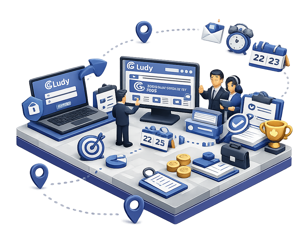 Ilustración isométrica 3D que representa el proceso de acceso y realización de un curso virtual en una plataforma de e-learning, incluyendo inicio de sesión, navegación por módulos, evaluación y certificación.