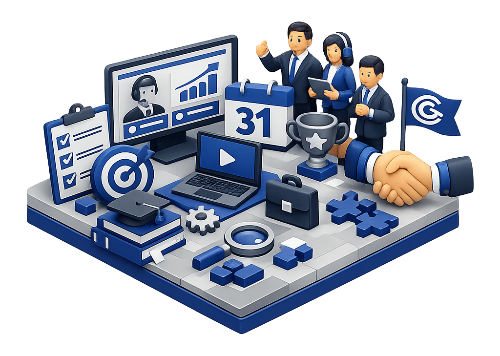 Ilustración isométrica 3D que representa un curso virtual de reinducción corporativa con colaboradores, plataforma de e-learning, aprendizaje, herramientas estratégicas y trabajo en equipo.