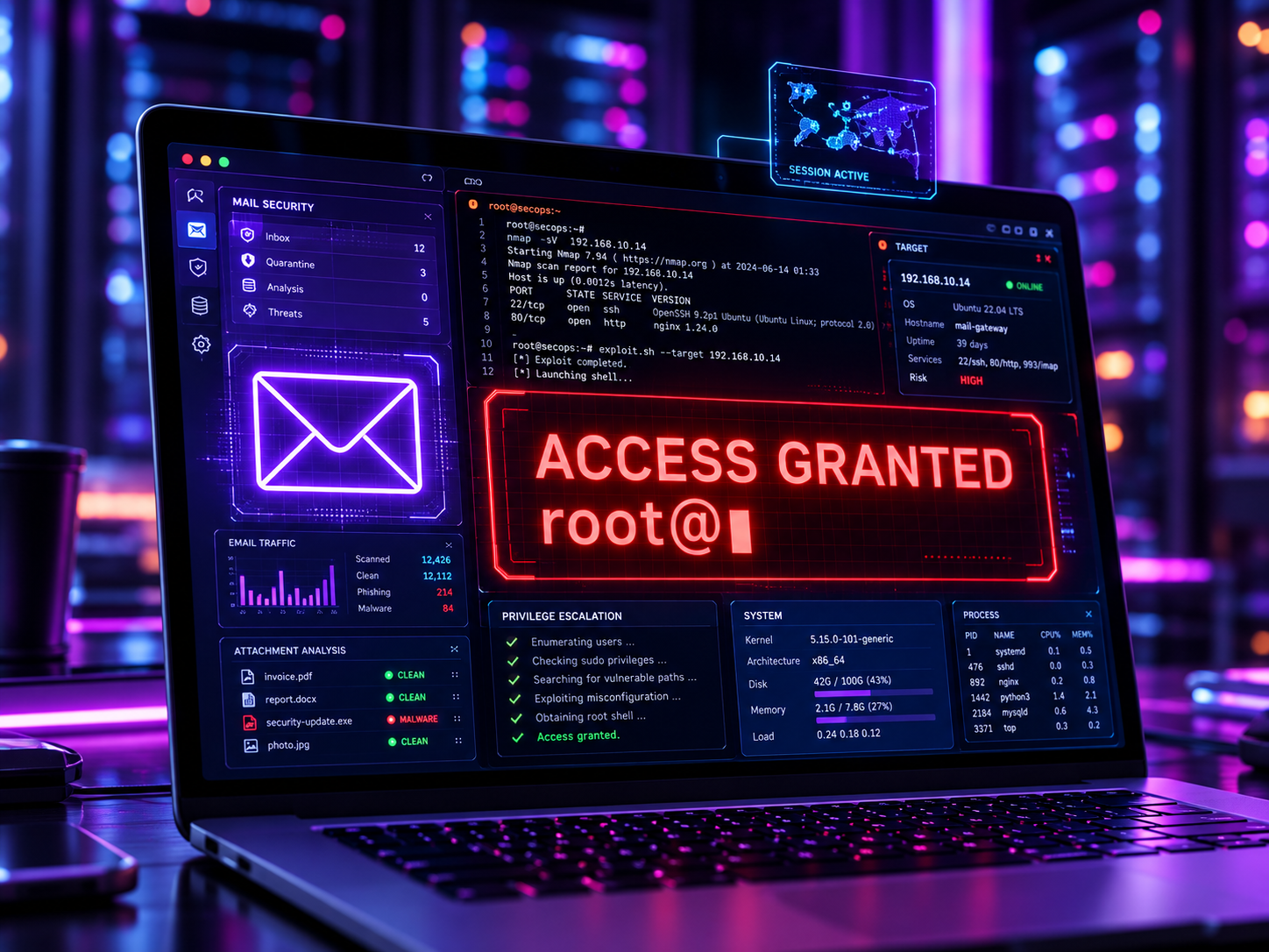 Representación visual de explotación de CVE-2026-76461 con privilegios root